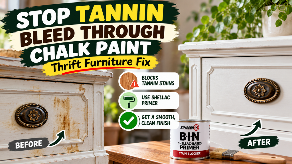Thrifted furniture with tannin stains before and after applying shellac primer under chalk paint.