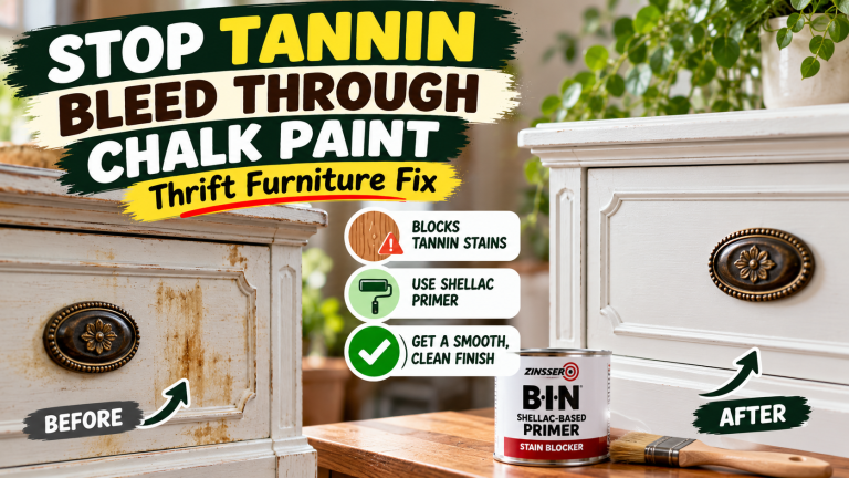 Thrifted furniture with tannin stains before and after applying shellac primer under chalk paint.